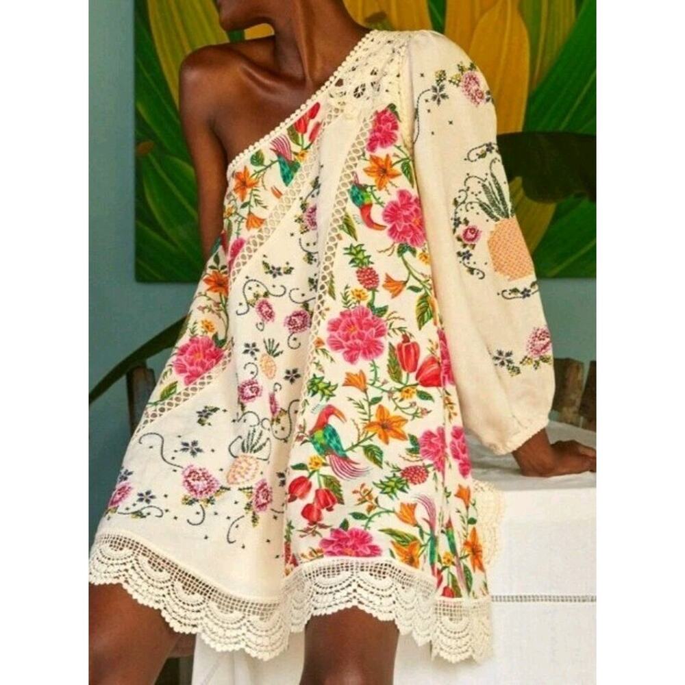 Farm Rio Anthropologie Toucans Garden One Shoulder Embroidered Boho Mini Dress L